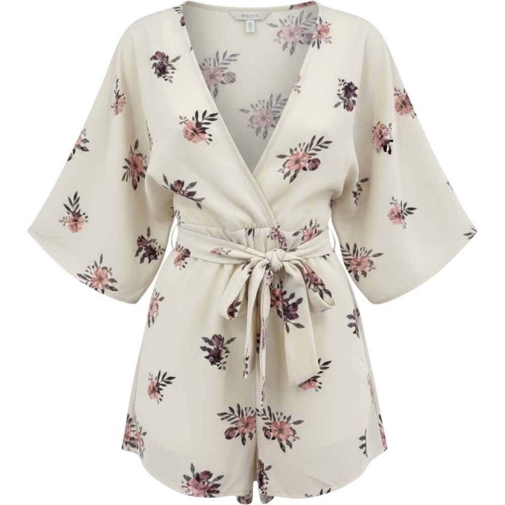 Honey Punch Romper Womens Large Cream Floral Kimono Sleeve Deep V-Neck Tie Waist
